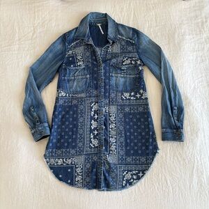 Free People Western Denim Mini-Dress Patchwork Bandana Pattern size Small